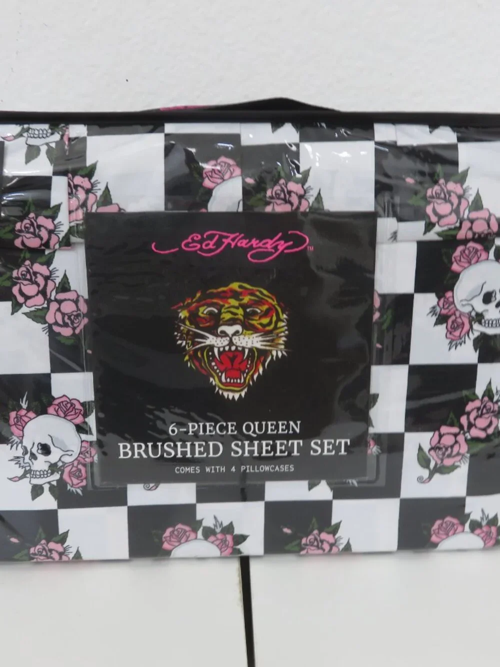 Ed Hardy 6pc Queen Sheet Set Black White Checkered Print & Skulls